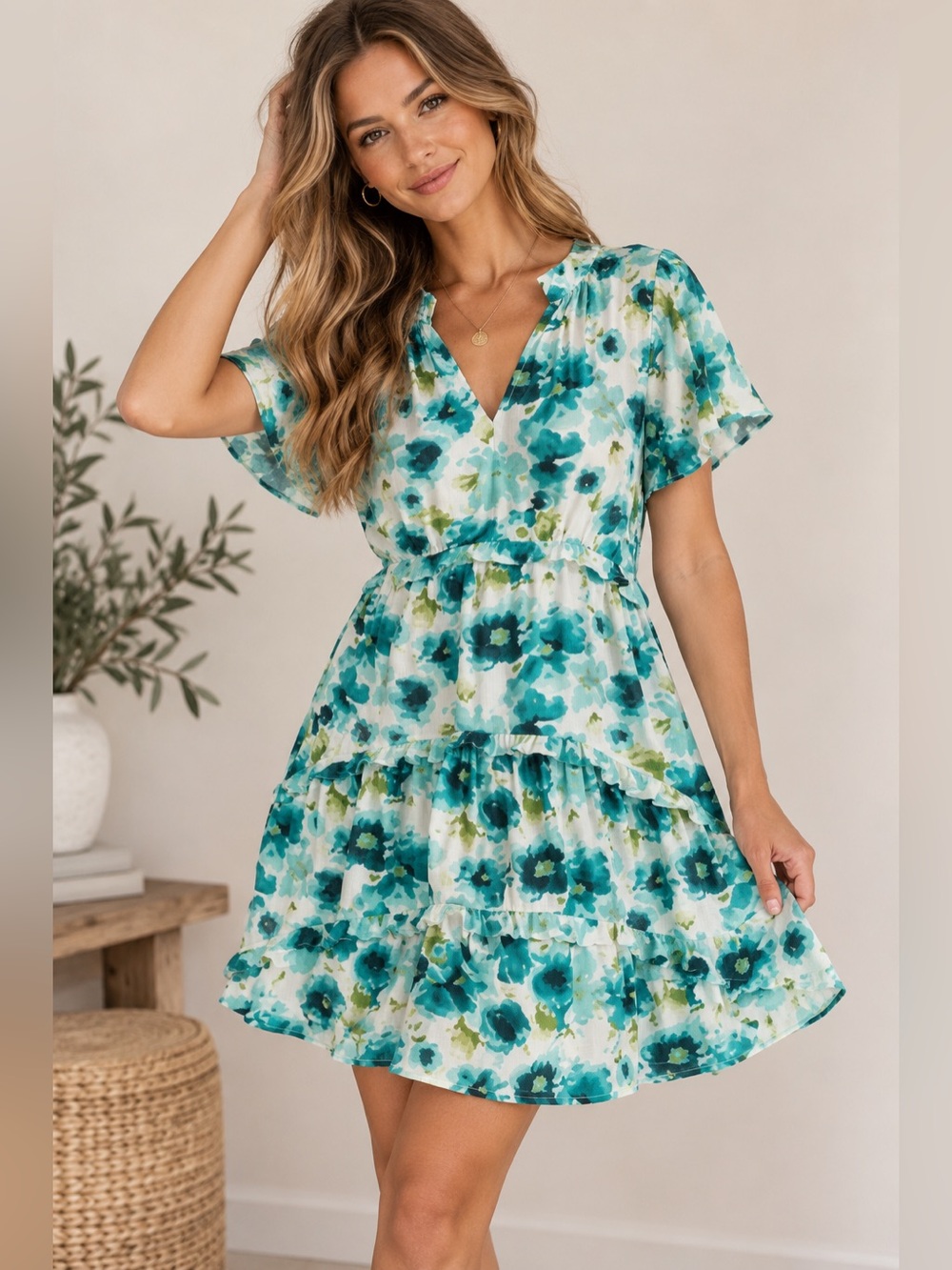 By Anthropologie Robin Tiered Floral Mini Dress Teal Green S